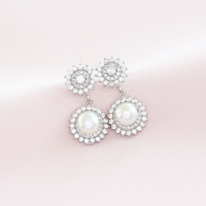 Millie Sunburst Pearl Earrings with freshwater pearls and cubic zirconia in sterling silver