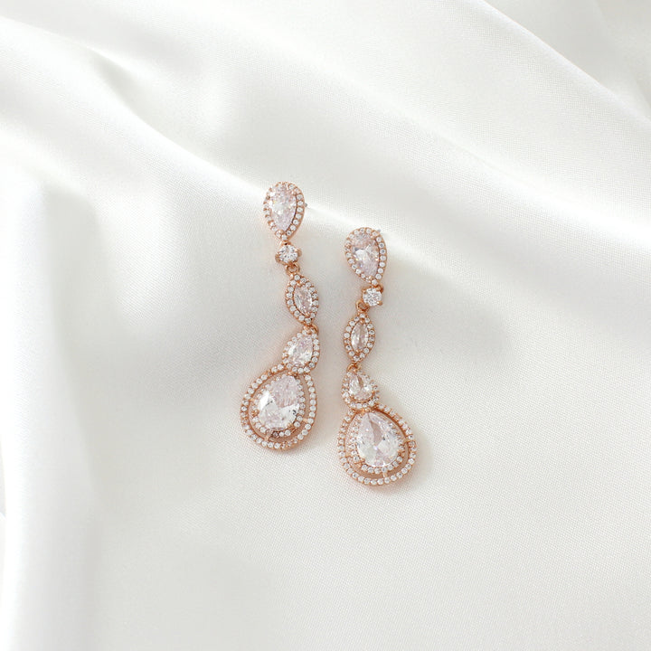 Olivia Oval CZ Diamond Drop Earrings with teardrop cubic zirconia in rose gold.