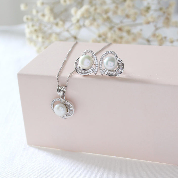 Remi - Heart Halo Pearl Necklace Set | Sterling Silver