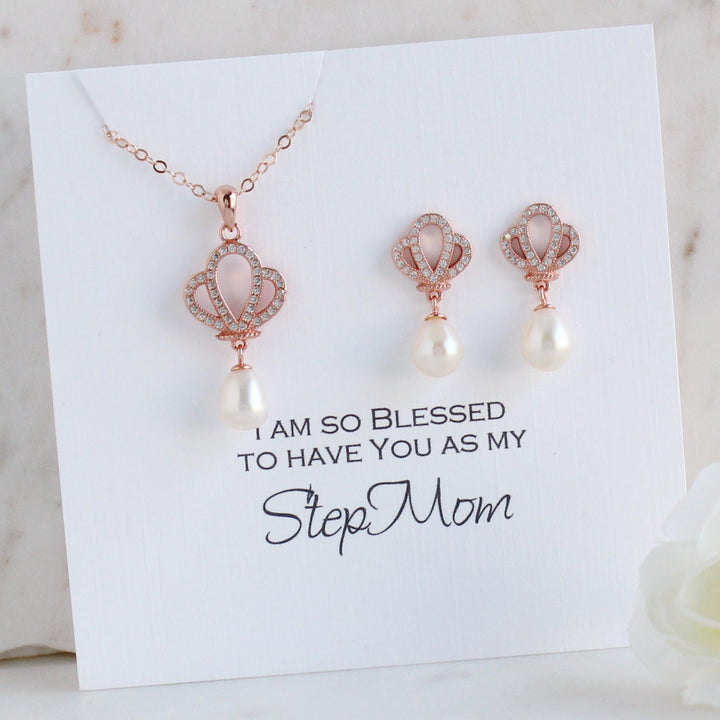 Renee - Floral Pearl Necklace & Earrings Set | Rose Gold