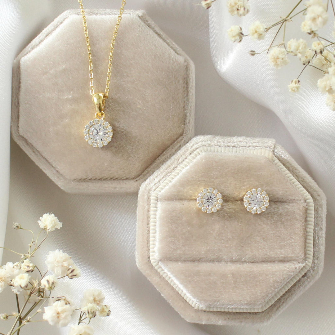 Ava - Round CZ Necklace & Earrings Set | Gold