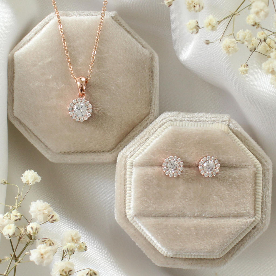 Ava - Round CZ Necklace & Earrings Set | Rose Gold