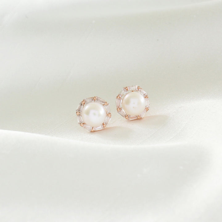 Willow Pearl Stud Earrings with CZ Diamond Halo