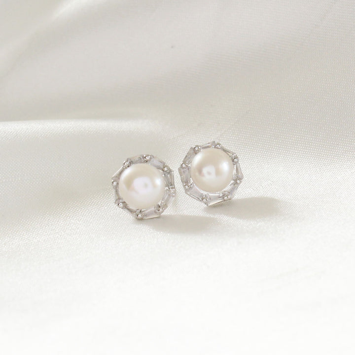 Willow Pearl Stud Earrings with CZ Diamond Halo