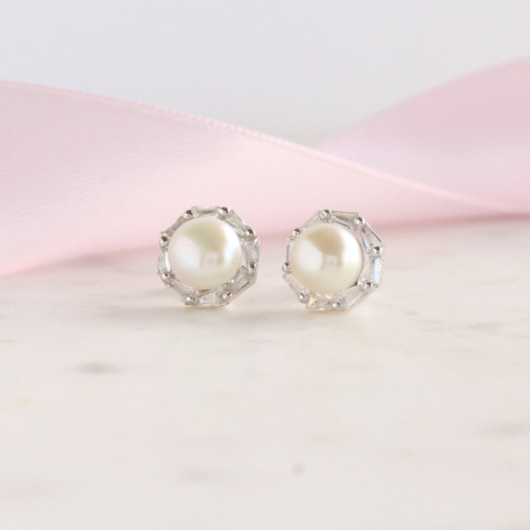 Willow Pearl Stud Earrings with CZ Diamond Halo