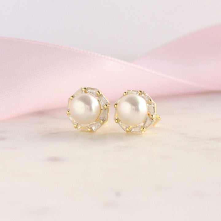 Willow Pearl Stud Earrings with CZ Diamond Halo