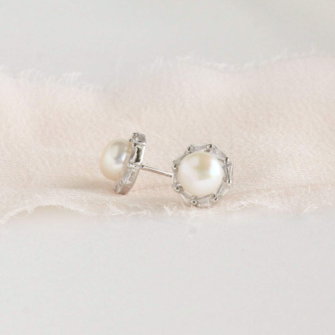 Willow Pearl Stud Earrings with CZ Diamond Halo