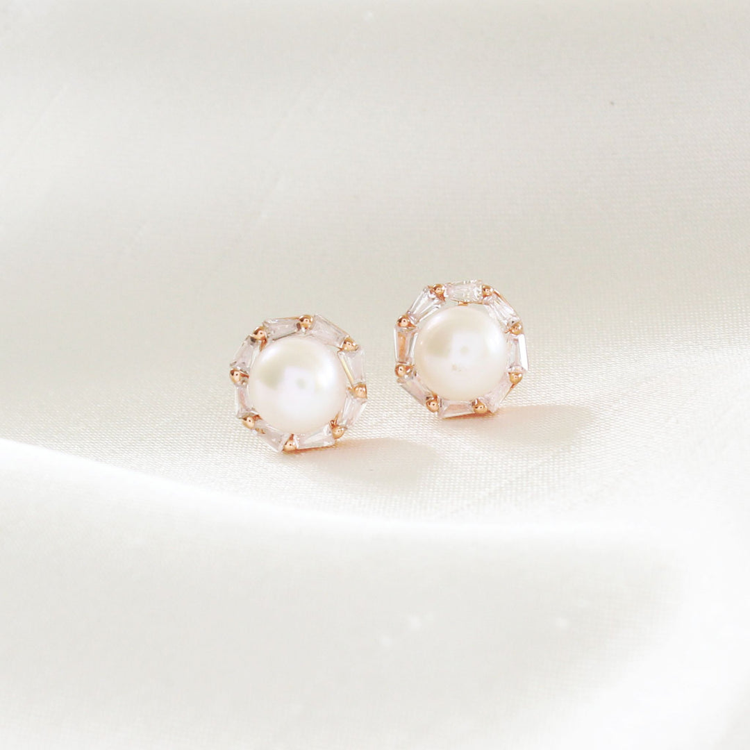 Willow Pearl Stud Earrings with CZ Diamond Halo