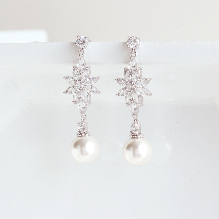 Juliette Floral Pearl & CZ Diamond Earrings in Silver with floral design and round pearls.