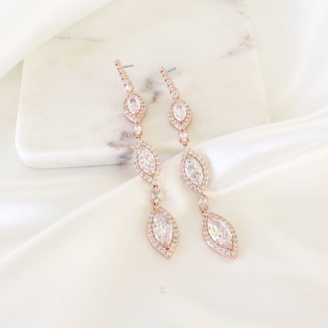 Beverly Long Drop Bridal Earrings Rose Gold | Adriana Sparks Bridal