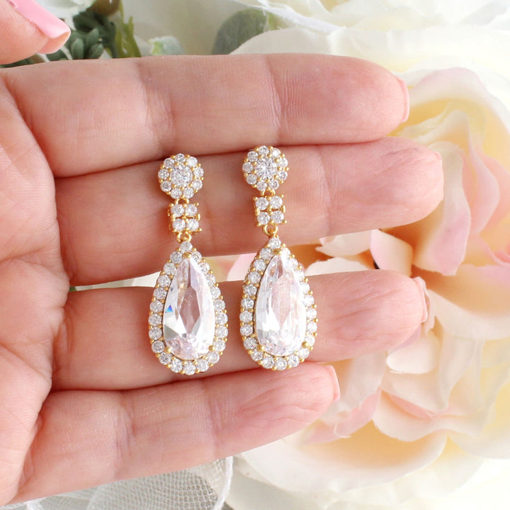 Lisa - Pear Shape CZ Diamond Drop Earrings | Gold